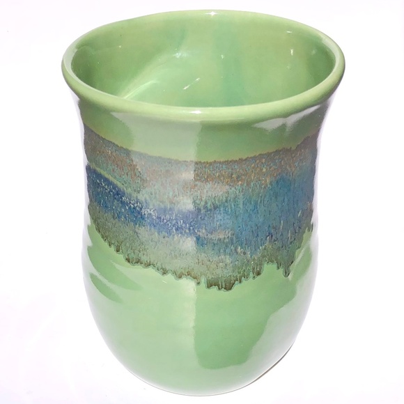 Left Handed Mug Neher Signed Pottery Green Blue Drip Glossy Glaze 2017 Tall Cup - Picture 4 of 15